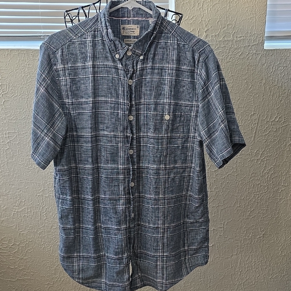 Men's Blue Plaid Short Sleeve Shirt Weatherproof Vintage Size Large (M58)